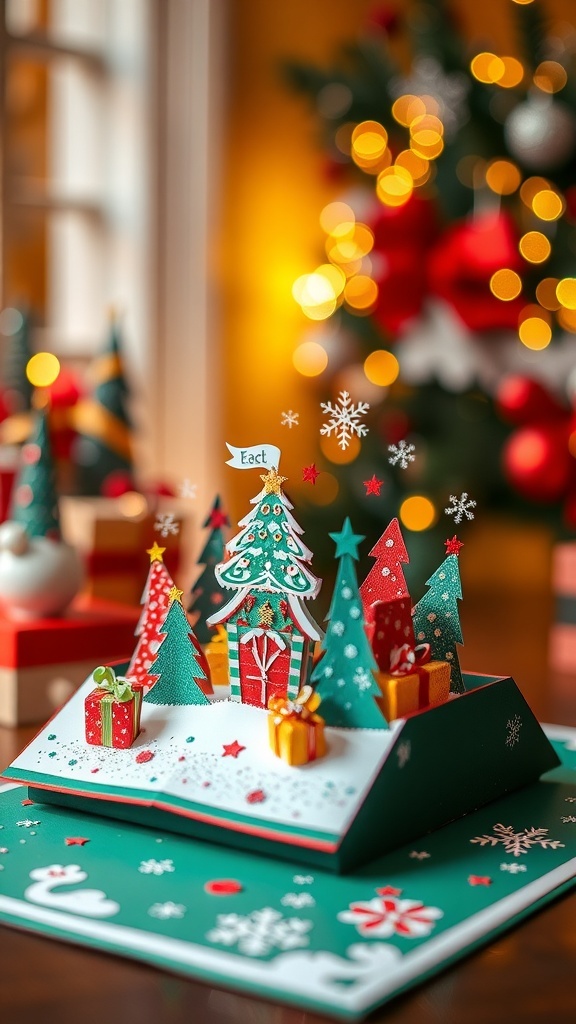 An open 3D pop-up box Christmas card showcasing a festive scene with trees and presents.
